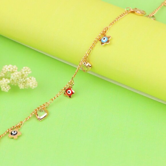 "Evil Eye Flower & Heart Charm Rose Gold Anklet, XPAL1190 - Picture 1 of 12